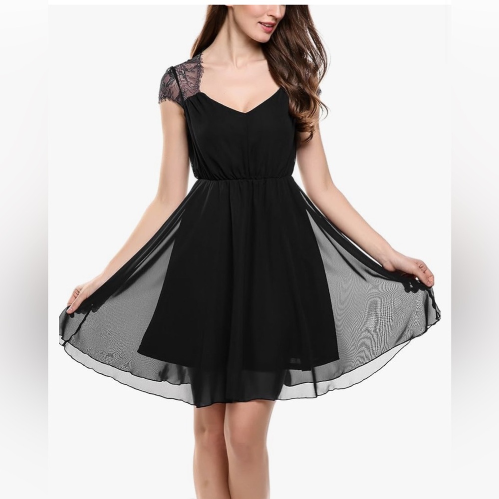 Women’s V-Neck Lace Chiffon Mini Party Dress Black XL